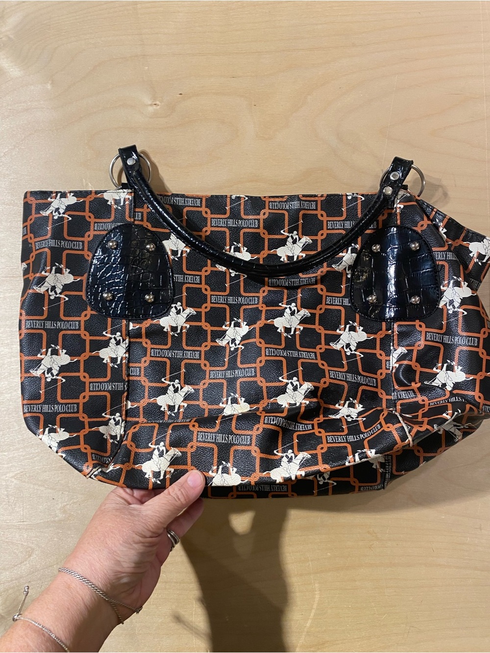 Beverly Hills Polo Club Black & Orange Patterned Women's Tote Bag (BD) - Picture 5 of 7